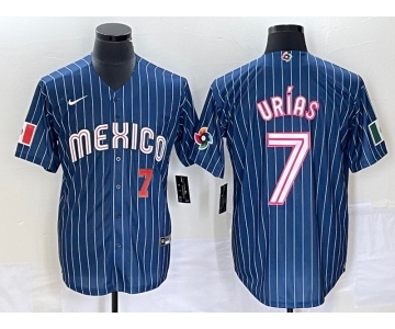 Men's Mexico Baseball #7 Julio Urias Number Navy Blue Pinstripe 2020 World Series Cool Base Nike Jersey3