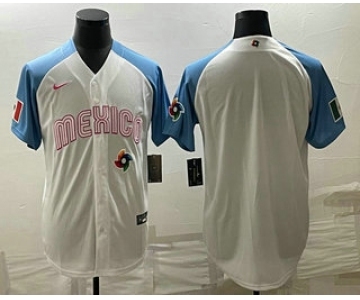 Men's Mexico Baseball Blank 2023 White Blue World Classic Stitched Jersey