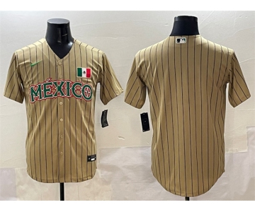 Men's Mexico Baseball Blank Tan 2023 World Baseball Classic Stitched Jersey