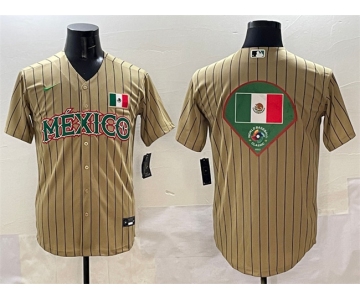 Men's Mexico Baseball Tan 2023 World Baseball Classic Team Big Logo Stitched Jerseys