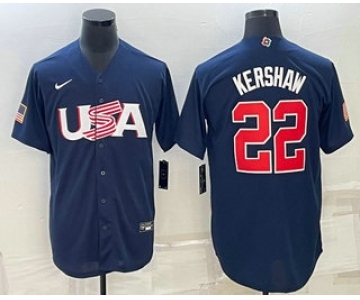 Men's USA Baseball #22 Clayton Kershaw 2023 Navy World Baseball Classic Stitched Jersey