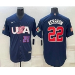 Men's USA Baseball #22 Clayton Kershaw Number 2023 Navy World Baseball Classic Stitched Jersey