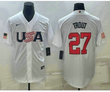 Men's USA Baseball #27 Mike Trout 2023 White World Baseball Classic Replica Stitched Jerseys