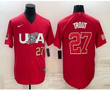 Men's USA Baseball #27 Mike Trout Number 2023 Red World Classic Stitched Jersey