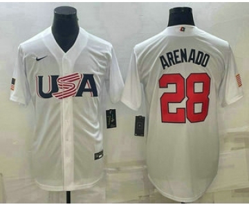 Men's USA Baseball #28 Nolan Arenado 2023 White World Baseball Classic Replica Stitched Jersey