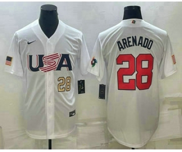 Men's USA Baseball #28 Nolan Arenado Number 2023 White World Baseball Classic Replica Stitched Jersey