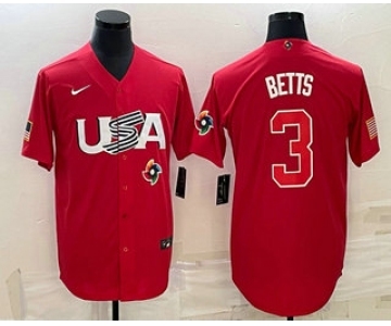 Men's USA Baseball #3 Mookie Betts 2023 Red World Classic Stitched Jersey