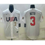 Men's USA Baseball #3 Mookie Betts Number 2023 White World Baseball Classic Replica Stitched Jersey