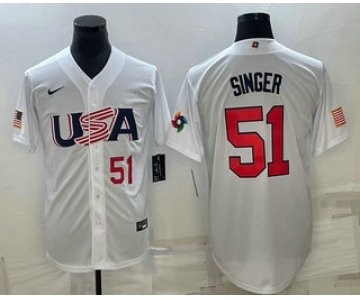 Mens USA Baseball #51 Brady Singer Number 2023 White World Baseball Classic Stitched Jersey