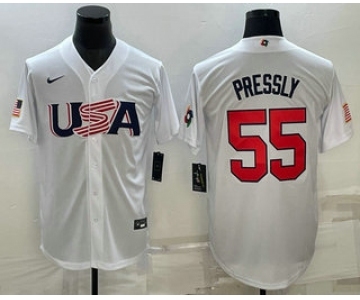 Men's USA Baseball #55 Ryan Pressly 2023 White World Baseball Classic Stitched Jerseys