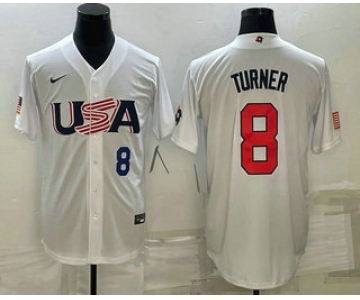 Mens USA Baseball #8 Trea Turner Number 2023 White World Baseball Classic Stitched Jersey