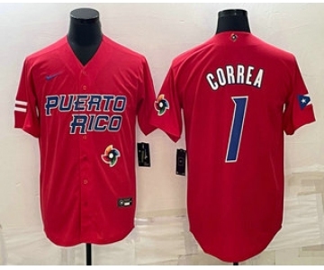 Men's Puerto Rico Baseball #1 Carlos Correa 2023 Red World Baseball Classic Stitched Jersey