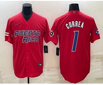 Men's Puerto Rico Baseball #1 Carlos Correa 2023 Red World Baseball Classic Stitched Jerseys