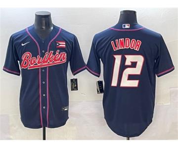 Men's Puerto Rico Baseball #12 Francisco Lindor Navy 2023 World Baseball Classic Stitched Jersey