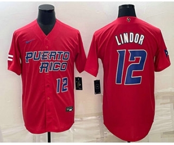 Men's Puerto Rico Baseball #12 Francisco Lindor Number 2023 Red World Baseball Classic Stitched Jerseys
