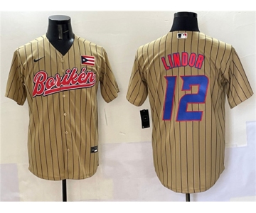 Men's Puerto Rico Baseball #12 Francisco Lindor Tan 2023 World Baseball Classic Stitched Jersey