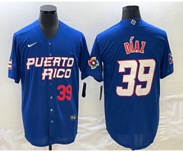 Men's Puerto Rico Baseball #39 Edwin Diaz Number 2023 Blue World Baseball Classic Stitched Jerseys