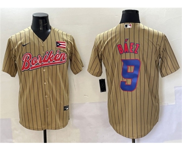Men's Puerto Rico Baseball #9 Javier Baez Tan 2023 World Baseball Classic Stitched Jersey