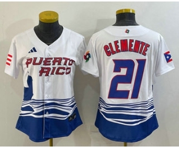 Women's Puerto Rico Baseball #21 Roberto Clemente 2023 White World Classic Stitched Jerseys