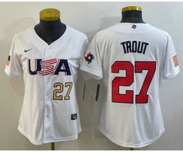 Women's USA Baseball #27 Mike Trout Number 2023 White World Classic Replica Stitched Jerseys