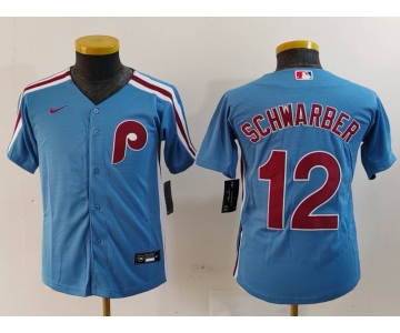 Youth Philadelphia Phillies #12 Kyle Schwarber Light Blue Cooperstown Cool Base Jersey