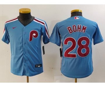 Youth Philadelphia Phillies #28 Alec Bohm Light Blue Cooperstown Cool Base Jersey