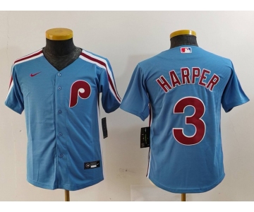 Youth Philadelphia Phillies #3 Bryce Harper Light Blue Cooperstown Cool Base Jersey