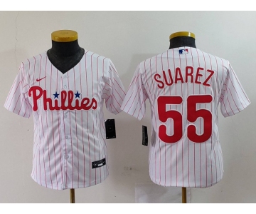 Youth Philadelphia Phillies #55 Alec Bohm White Pinstripe Stitched Cool Base Jersey