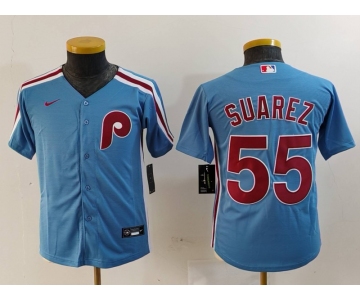 Youth Philadelphia Phillies #55 Ranger Suarez Light Blue Cooperstown Cool Base Jersey