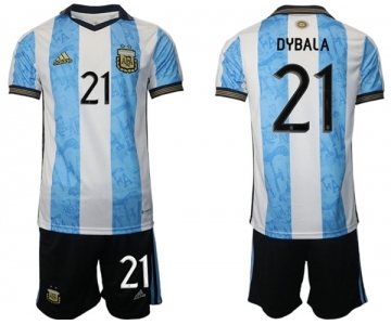 Men's Argentina #21 Dybala Maradona White Blue Home Soccer Jersey Suit