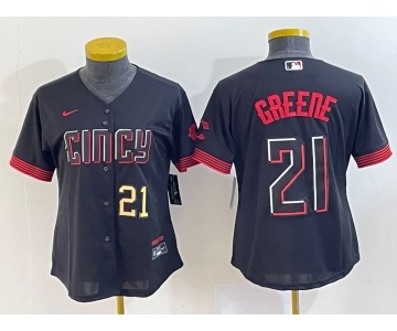 Women's Cincinnati Reds #21 Hunter Greene Number Black 2023 City Connect Cool Base Stitched Jersey