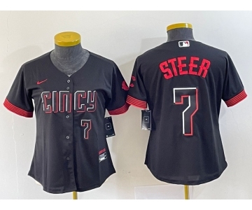 Women's Cincinnati Reds #7 Spencer Steer Numer Black 2023 City Connect Cool Base Stitched Baseball Jersey2