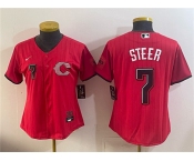 Women's Cincinnati Reds #7 Spencer Steer Red 2026 City Connect Stadium Stitched Baseball Jersey Women's Cincinnati Reds #7 Spencer Steer Red 2026 City Connect Stadium Stitched Baseball Jersey