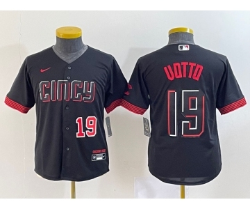 Youth Cincinnati Reds #19 Joey Votto Number Black 2023 City Connect Cool Base Stitched Jersey