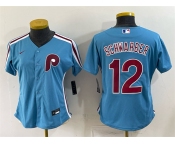 Women's Philadelphia Phillies #12 Kyle Schwarber Blue Stitched Baseball Jersey Women's Philadelphia Phillies #12 Kyle Schwarber Blue Stitched Baseball Jersey