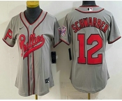 Women's Philadelphia Phillies #12 Kyle Schwarber Name Gray 2026 Field of Dreams Stadium Stitched Jersey Women's Philadelphia Phillies #12 Kyle Schwarber Name Gray 2026 Field of Dreams Stadium Stitched Jersey