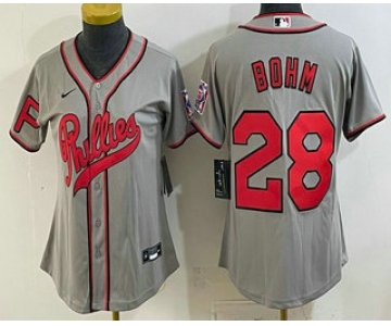 Women's Philadelphia Phillies #28 Alec Bohm Name Gray 2026 Field of Dreams Stadium Stitched Jersey
