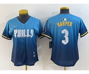 Women's Philadelphia Phillies #3 Bryce Harper Blue 2024 City Connect Limited Stitched Jersey