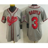 Women's Philadelphia Phillies #3 Bryce Harper Grey 2026 Field of Dreams Stadium Stitched Jersey Women's Philadelphia Phillies #3 Bryce Harper Grey 2026 Field of Dreams Stadium Stitched Jersey
