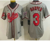 Women's Philadelphia Phillies #3 Bryce Harper Grey 2026 Field of Dreams Stadium Stitched Jersey Women's Philadelphia Phillies #3 Bryce Harper Grey 2026 Field of Dreams Stadium Stitched Jersey