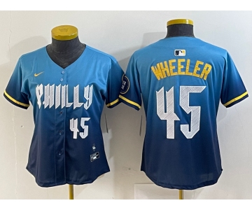 Women's Philadelphia Phillies #45 Zack Wheeler Blue 2024 City Player Number Cool Base Stitched Jersey