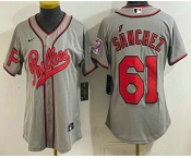 Women's Philadelphia Phillies #61 Cristopher Sanchez Gray 2026 Field of Dreams Stadium Stitched Jersey Women's Philadelphia Phillies #61 Cristopher Sanchez Gray 2026 Field of Dreams Stadium Stitched Jersey