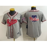 Women's Philadelphia Phillies Team Big Logo Gray 2026 Field of Dreams Stadium Stitched Baseball Jersey Women's Philadelphia Phillies Team Big Logo Gray 2026 Field of Dreams Stadium Stitched Baseball Jersey