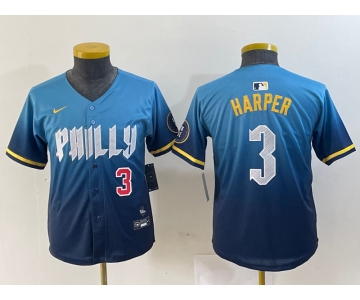 Youth Philadelphia Phillies #3 Bryce Harper Number Blue 2024 City Connect Limited Stitched Jersey