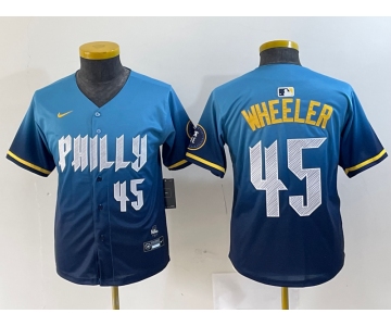 Youth Philadelphia Phillies #45 Zack Wheeler Blue 2024 City Player Number Cool Base Stitched Jersey