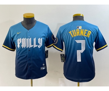 Youth Philadelphia Phillies #7 Trea Turner Blue 2024 City Connect Limited Stitched Jersey