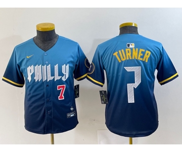 Youth Philadelphia Phillies #7 Trea Turner Number Blue 2024 City Connect Limited Stitched Jersey