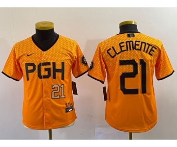Youth Pittsburgh Pirates #21 Roberto Clemente Number Yellow 2023 City Connect Stitched Jersey1