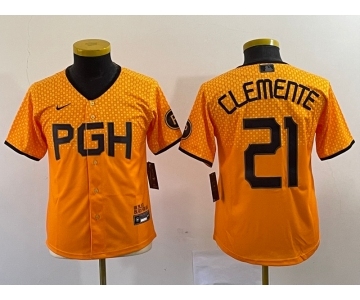 Youth Pittsburgh Pirates #21 Roberto Clemente Yellow 2023 City Connect Stitched Jersey