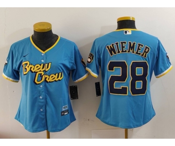 Youth Milwaukee Brewers #28 Joey Wiemer Blue 2022 City Connect Cool Base Stitched Jersey